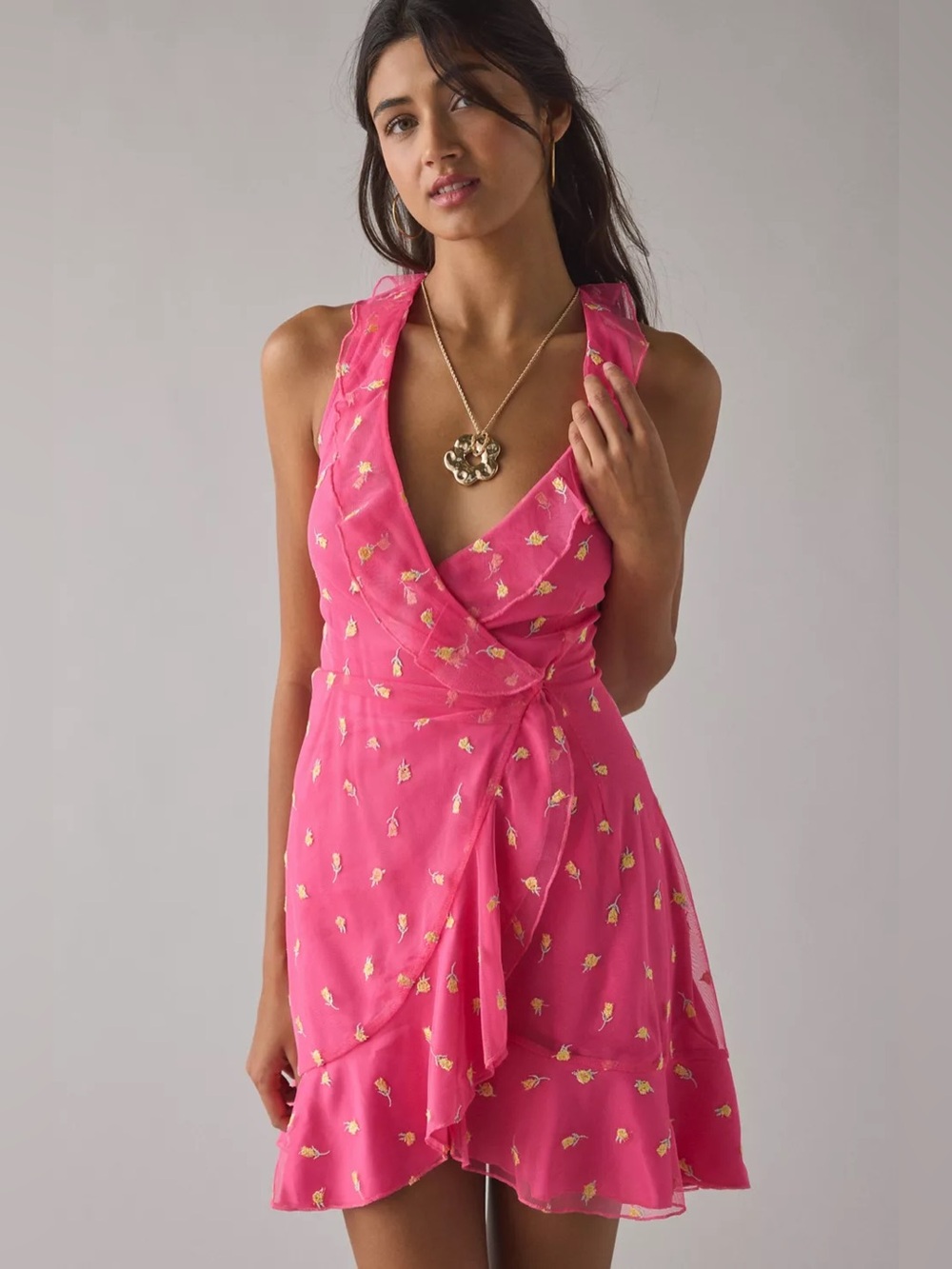 Urban Outfitters Wrapped In You Plunging Ruffle Mesh Mini Dress Pink Tulips New